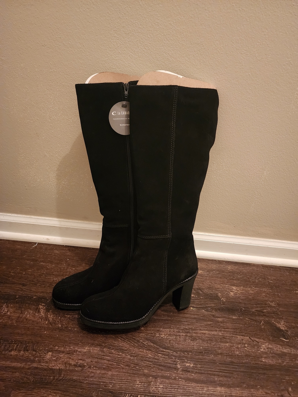 La Canadienne Black Suede Knee-High Heeled Boots